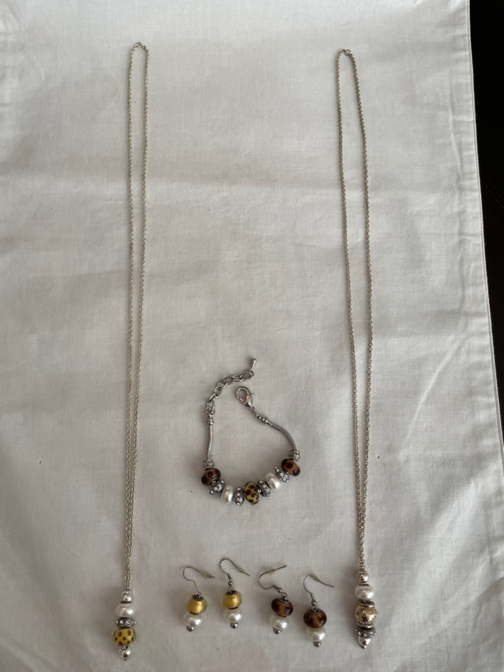 Silver-Tone Necklace Set with Yellow and Brown Bead Accents
